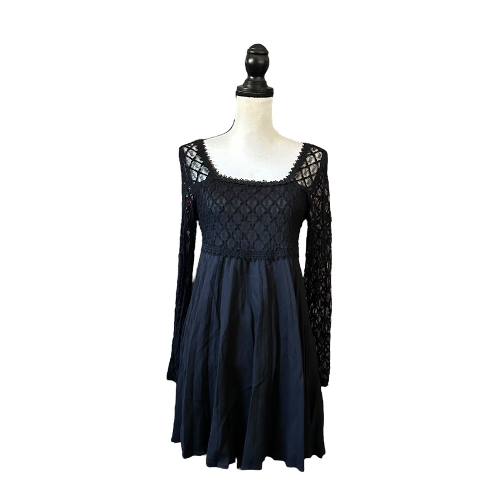 Vintage 90s Goth Black Lace Pleated Babydoll Mini Dress Long Sleeve Witchy M